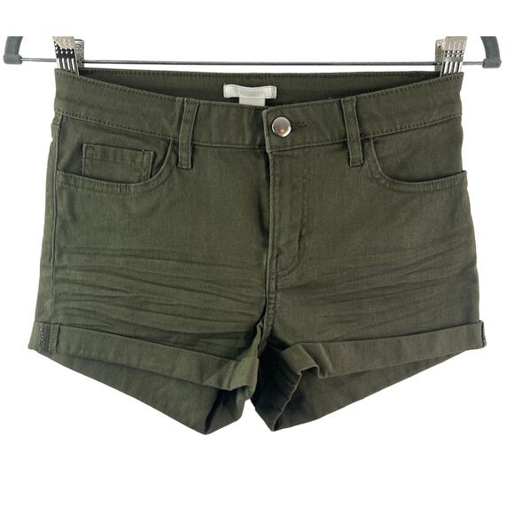 H&M Olive Green Short Cotton Denim Mid-Rise Dark Wash Roll Cuff Zip Fly Size 2 - Picture 1 of 5